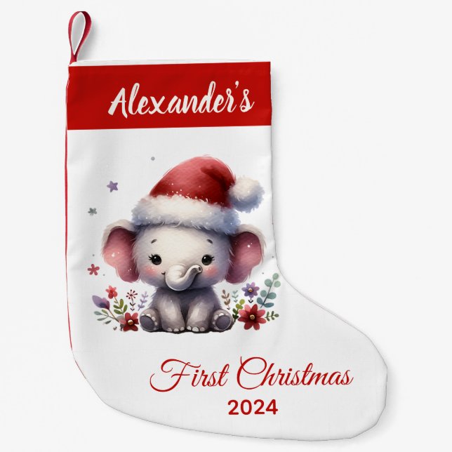 Baby first Christmas cute Elephant personalised Small Christmas Stocking (Front)