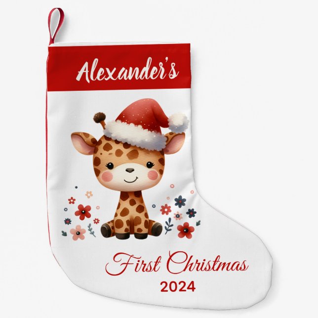 Baby first Christmas cute Giraffe personalised Small Christmas Stocking (Front)
