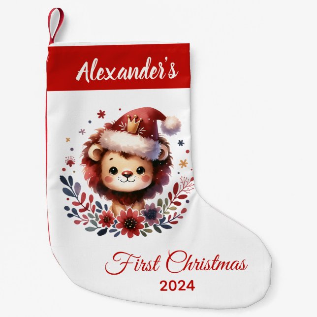 Baby first Christmas cute Lion personalised Small Christmas Stocking (Front)