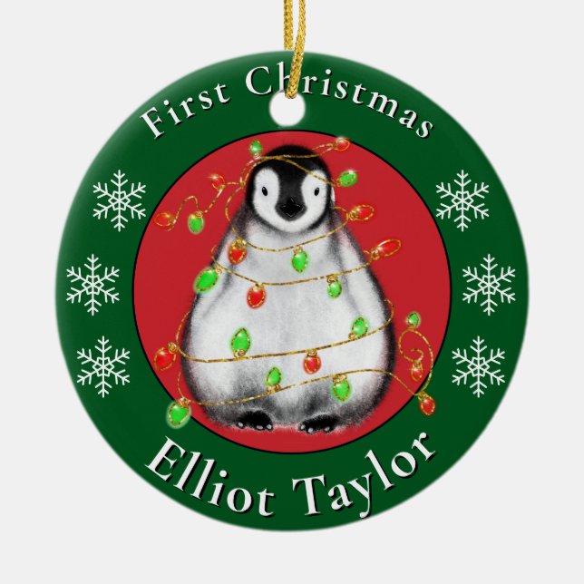 Baby first Christmas cute penquin personalize Ceramic Tree Decoration (Front)