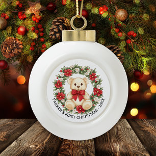 Baby First Christmas Cute Teddy Bear Floral Wreath Ceramic Ball Christmas Ornament