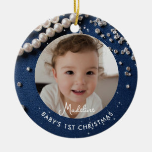 Baby First Christmas Denim Diamonds Pearls Blue Ceramic Tree Decoration