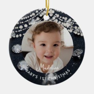 Baby First Christmas Denim Diamonds Pearls Photo Ceramic Tree Decoration