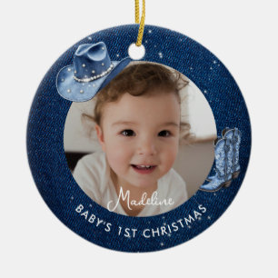 Baby First Christmas Denim Diamonds Rustic Cowgirl Ceramic Tree Decoration