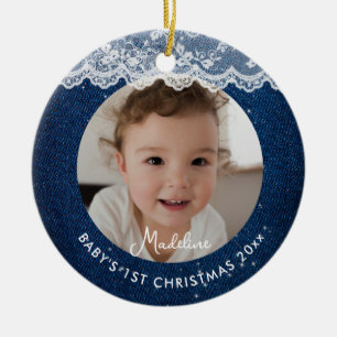 Baby First Christmas Denim Rustic Lace Blue White Ceramic Tree Decoration