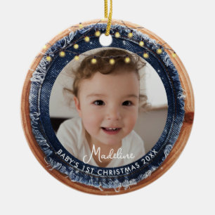 Baby First Christmas Denim Rustic Wood Light Photo Ceramic Tree Decoration