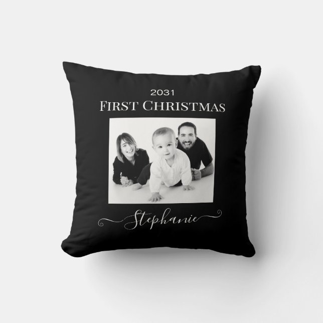 Baby First Christmas Elegant Modern Keepsake Photo Cushion (Front)