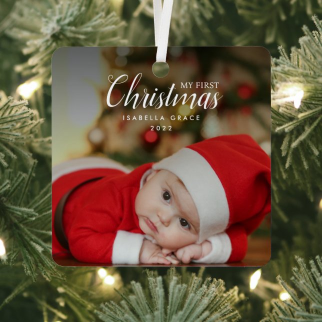 Baby First Christmas Elegant Modern Photo Keepsake Metal Tree Decoration (Insitu)