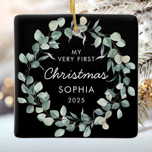 Baby First Christmas Eucalyptus Wreath Black Ceramic Ornament (Creator Uploaded)