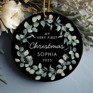 Baby First Christmas Eucalyptus Wreath Black Ceramic Tree Decoration