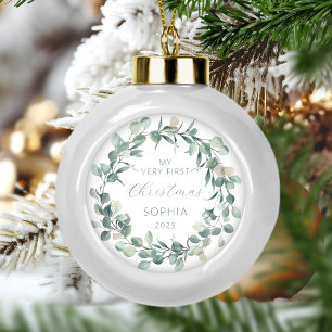 Baby First Christmas Eucalyptus Wreath Ceramic Ball Christmas Ornament