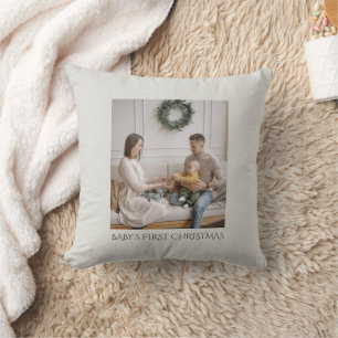 Baby First Christmas Family Photo Faux Linen Cushion