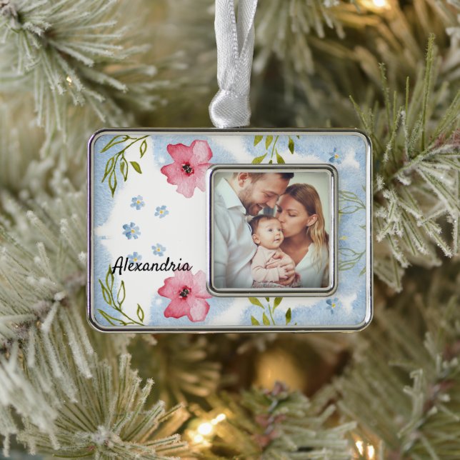 Baby First Christmas Family Photo Personalize  Silver Plated Framed Ornament (Tree)