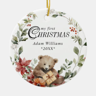 Baby First Christmas Floral Personalised Photo Ceramic Tree Decoration