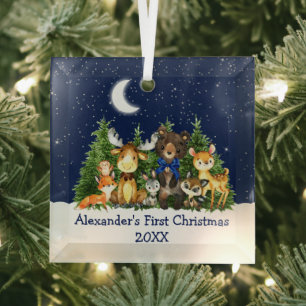 Baby First Christmas Forest Animals Blue Bow Glass Tree Decoration