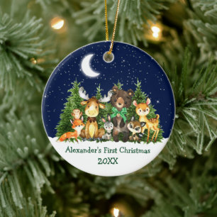 Baby First Christmas Forest Animals Green Bow Ceramic Tree Decoration