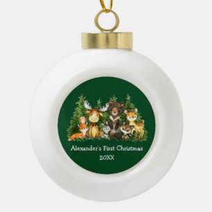 Baby First Christmas Forest Animals Green Ceramic Ball Christmas Ornament