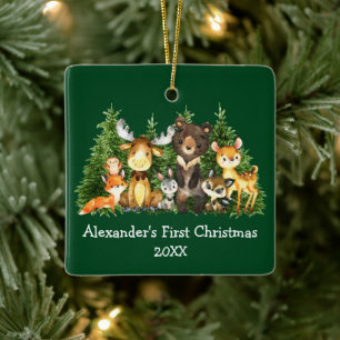Baby First Christmas Forest Animals Green Ceramic Ornament