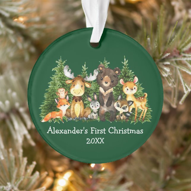 Baby First Christmas Forest Animals Green Ornament (Tree)