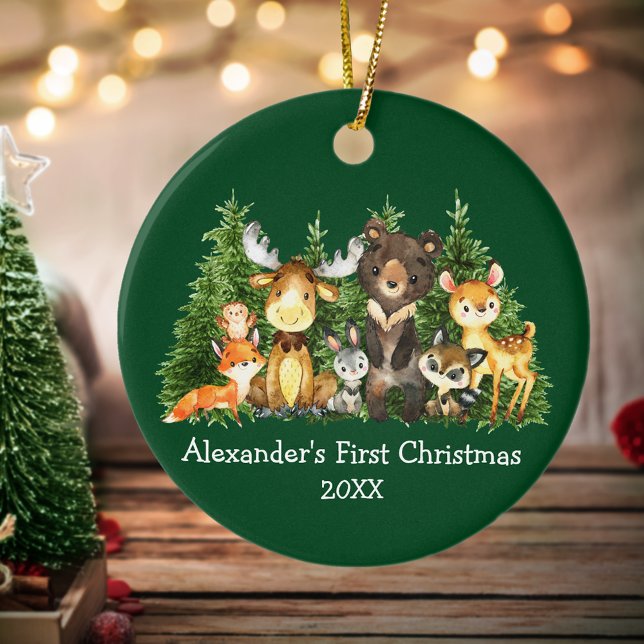 Baby First Christmas Forest Animals Green Round Ceramic Tree Decoration (Customize with name and year.)