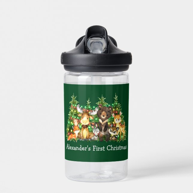 Baby First Christmas Forest Animals Green Water Bottle (Front)