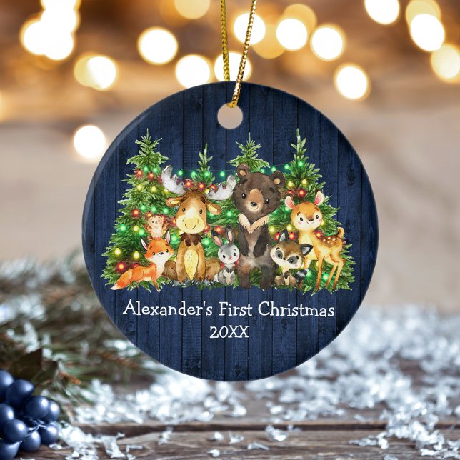 Baby First Christmas Forest Animals Lights Blue Ceramic Tree Decoration (Customize with name and year.)