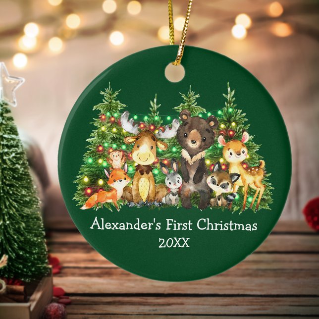 Baby First Christmas Forest Animals Lights Green Ceramic Tree Decoration (Customize with name and year.)