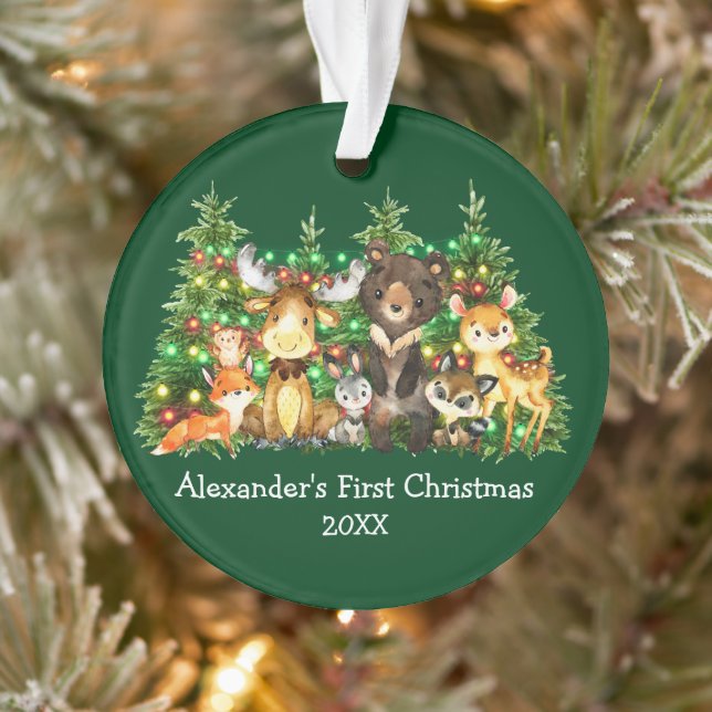 Baby First Christmas Forest Animals Lights Green Ornament (Tree)