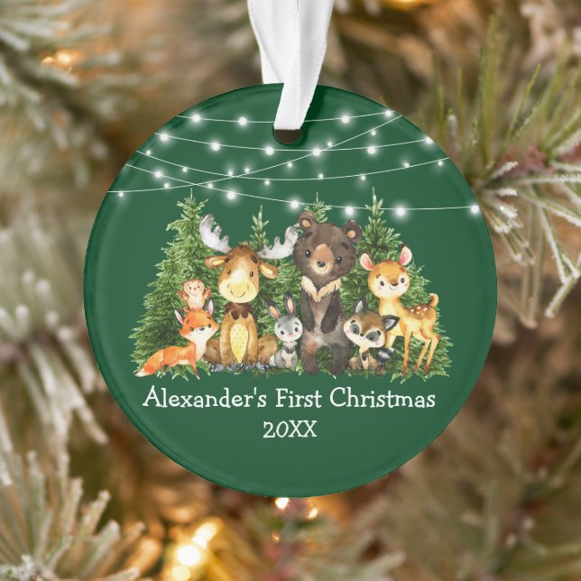 Baby First Christmas Forest Animals Lights Green Ornament (Tree)