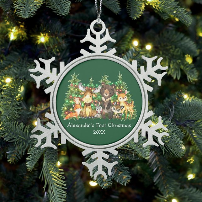 Baby First Christmas Forest Animals Lights Green Snowflake Pewter Christmas Ornament (Customize with name and year.)