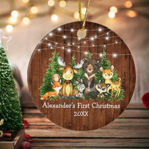 Baby First Christmas Forest Animals Lights Rustic Ceramic Tree Decoration
