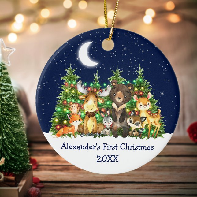Baby First Christmas Forest Animals Lights Sky Ceramic Tree Decoration (Customize with name and year.)
