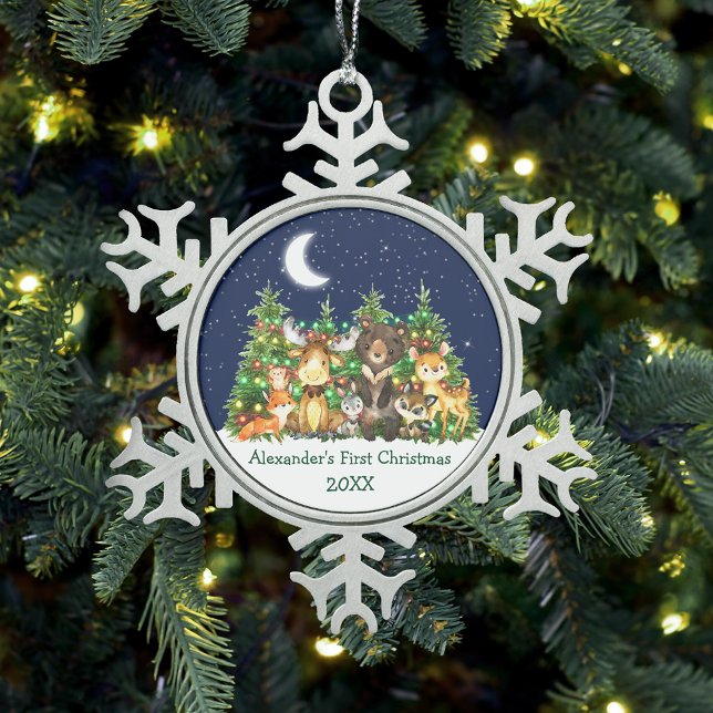 Baby First Christmas Forest Animals Lights Sky Snowflake Pewter Christmas Ornament (Customize with name and year.)