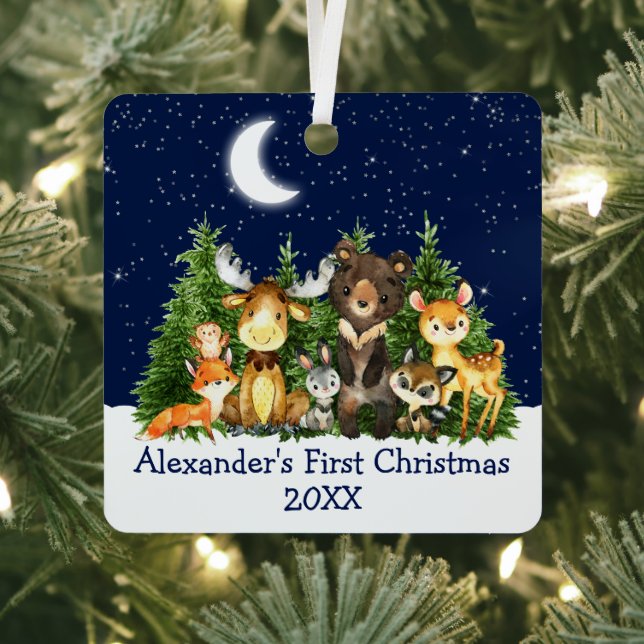 Baby First Christmas Forest Animals Moon Blue Metal Tree Decoration (Insitu)