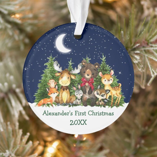 Baby First Christmas Forest Animals Red Bow Ornament (Tree)