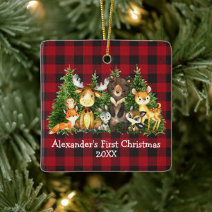 Baby First Christmas Forest Animals Red Plaid Ceramic Ornament