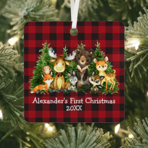 Baby First Christmas Forest Animals Red Plaid Metal Tree Decoration