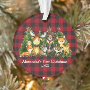 Baby First Christmas Forest Animals Red Plaid Ornament