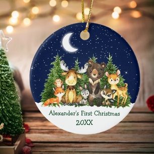Baby First Christmas Forest Animals Round Ceramic Tree Decoration