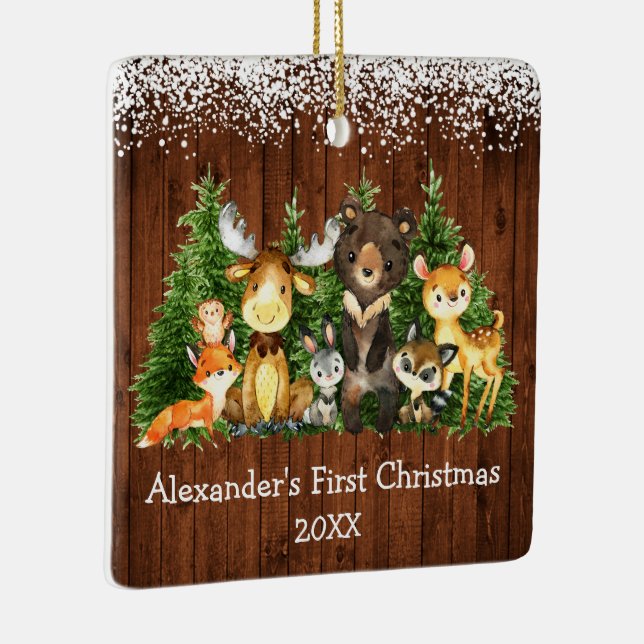 Baby First Christmas Forest Animals Snow PHOTO Ceramic Ornament (Right)