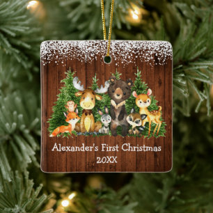 Baby First Christmas Forest Animals Snow Rustic  Ceramic Ornament