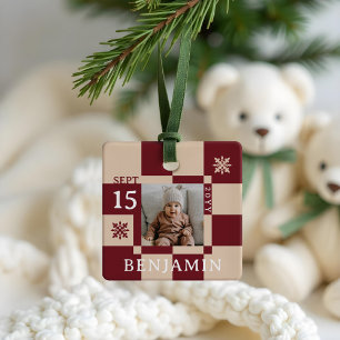 Baby First Christmas Fun Retro Chequerboard Photo Ceramic Ornament