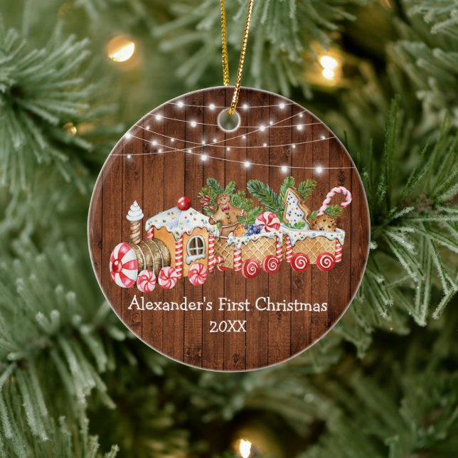 Baby First Christmas Gingerbread Train Wood Lights Ceramic Tree Decoration (Tree)