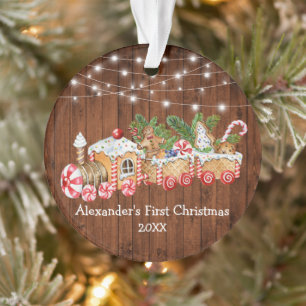 Baby First Christmas Gingerbread Train Wood Lights Ornament