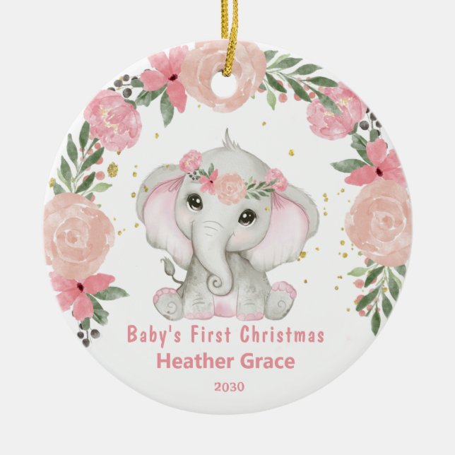 Baby First Christmas Girls Elephant Personalised Ceramic Tree Decoration (Front)