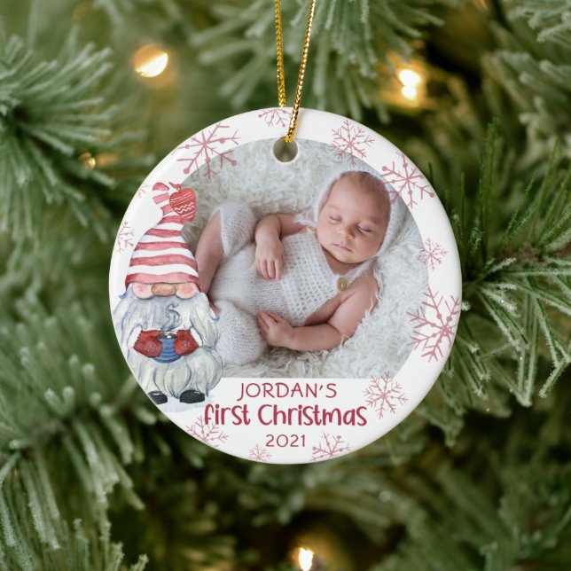 Baby First Christmas Gnome Pink Snowflake 2 Photo Ceramic Tree Decoration (Tree)