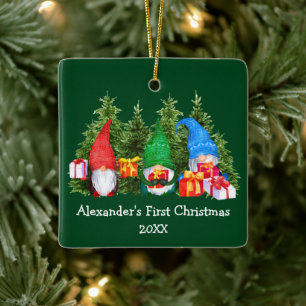 Baby First Christmas Gnomes Green Square Ceramic Ornament
