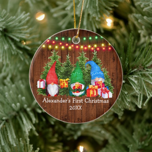 Baby First Christmas Gnomes Lights Rustic Ceramic Tree Decoration (Tree)