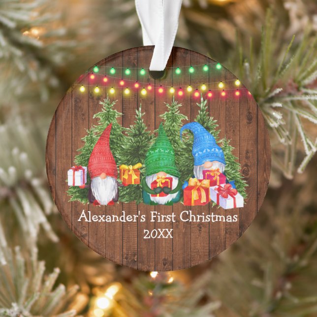 Baby First Christmas Gnomes Lights Rustic Ornament (Tree)