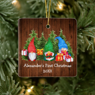 Baby First Christmas Gnomes Rustic Square Ceramic Ornament